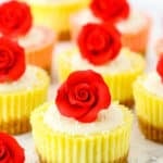 Mini Rose Cheesecakes topped with white icing and a red rose on a white marble table