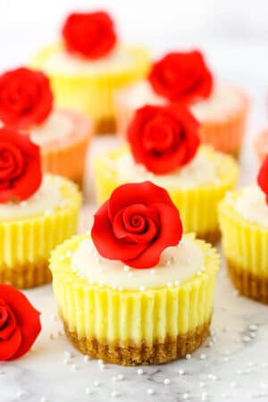 Mini Rose Cheesecakes topped with white icing and a red rose on a white marble table