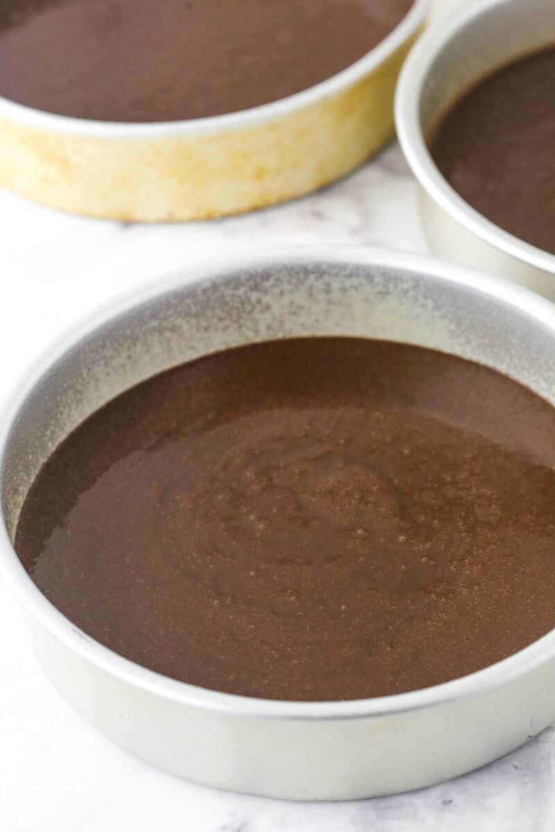 Chocolate cake batter in cake pans ready to be baked.