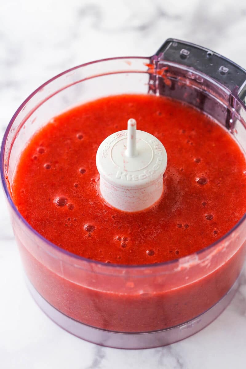 Strawberry puree in a food processor.