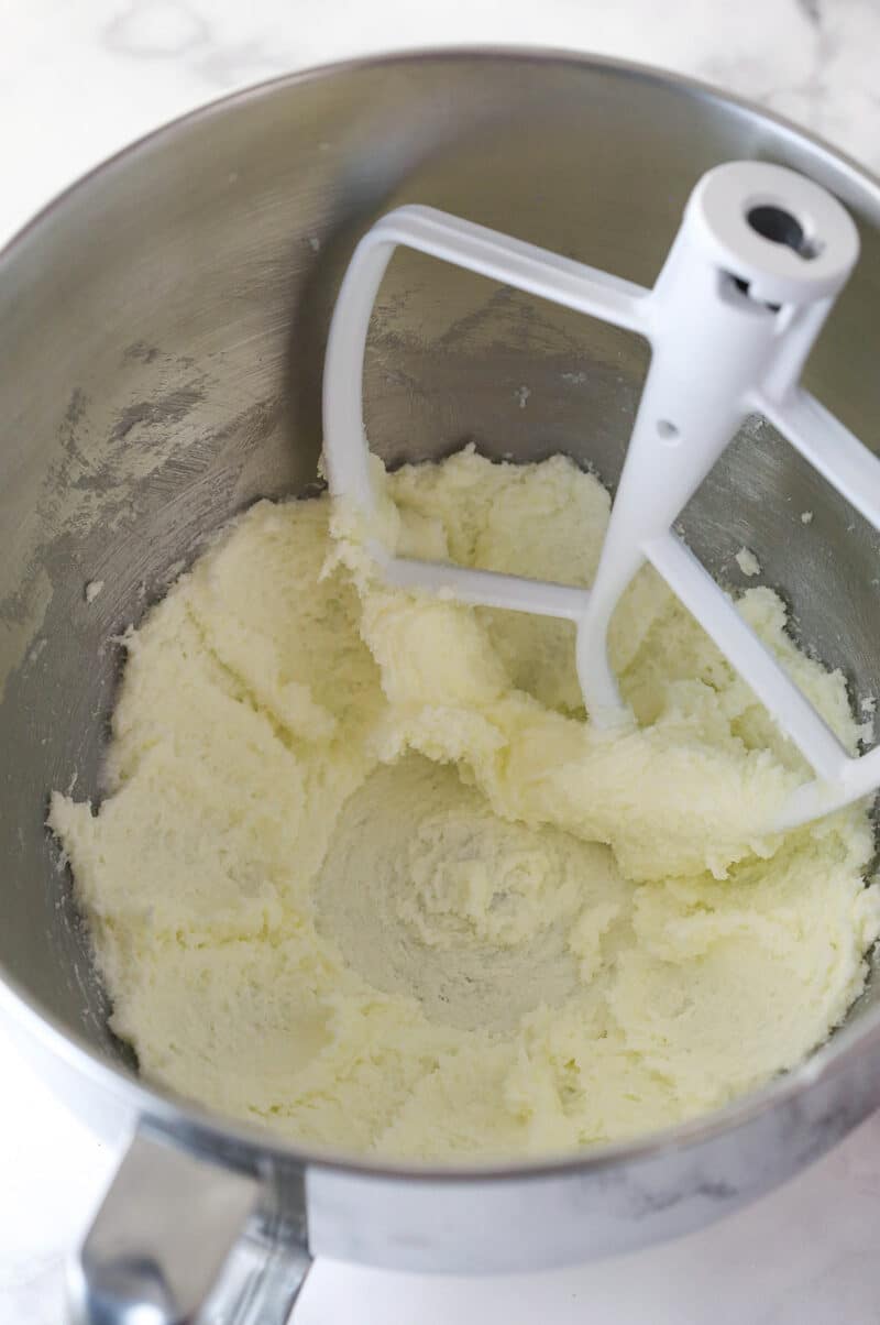 Creaming together butter and sugar for cupcake batter.