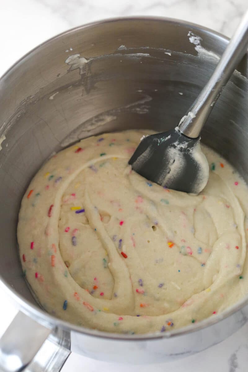 Vanilla cupcake batter with rainbow sprinkles folded in.