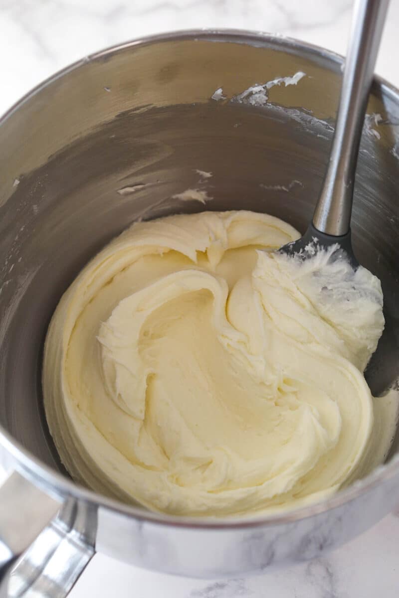 Vanilla buttercream frosting in a mixing bowl.