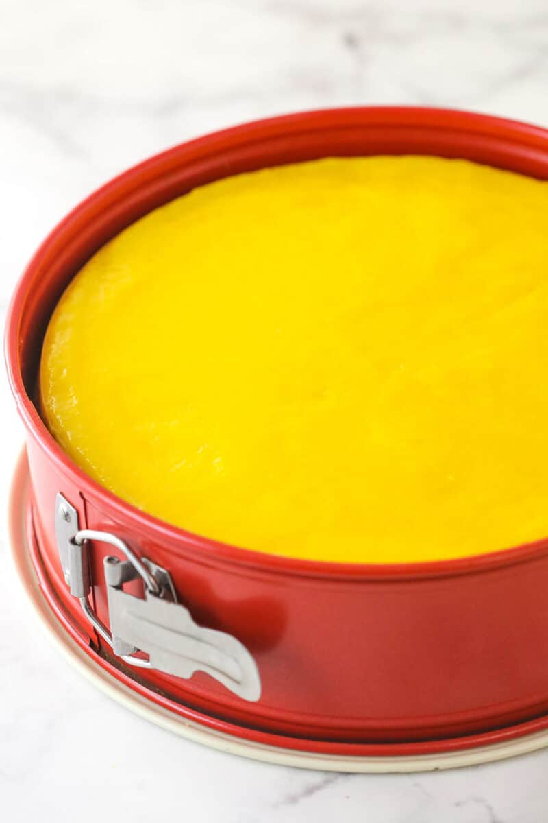 Lemon cheesecake is perfect for summer. Creamy lemon cheesecake filling is baked into sweet Graham cracker crust and topped with lemon curd. Lemon cheesecake in a springform pan covered with lemon curd.