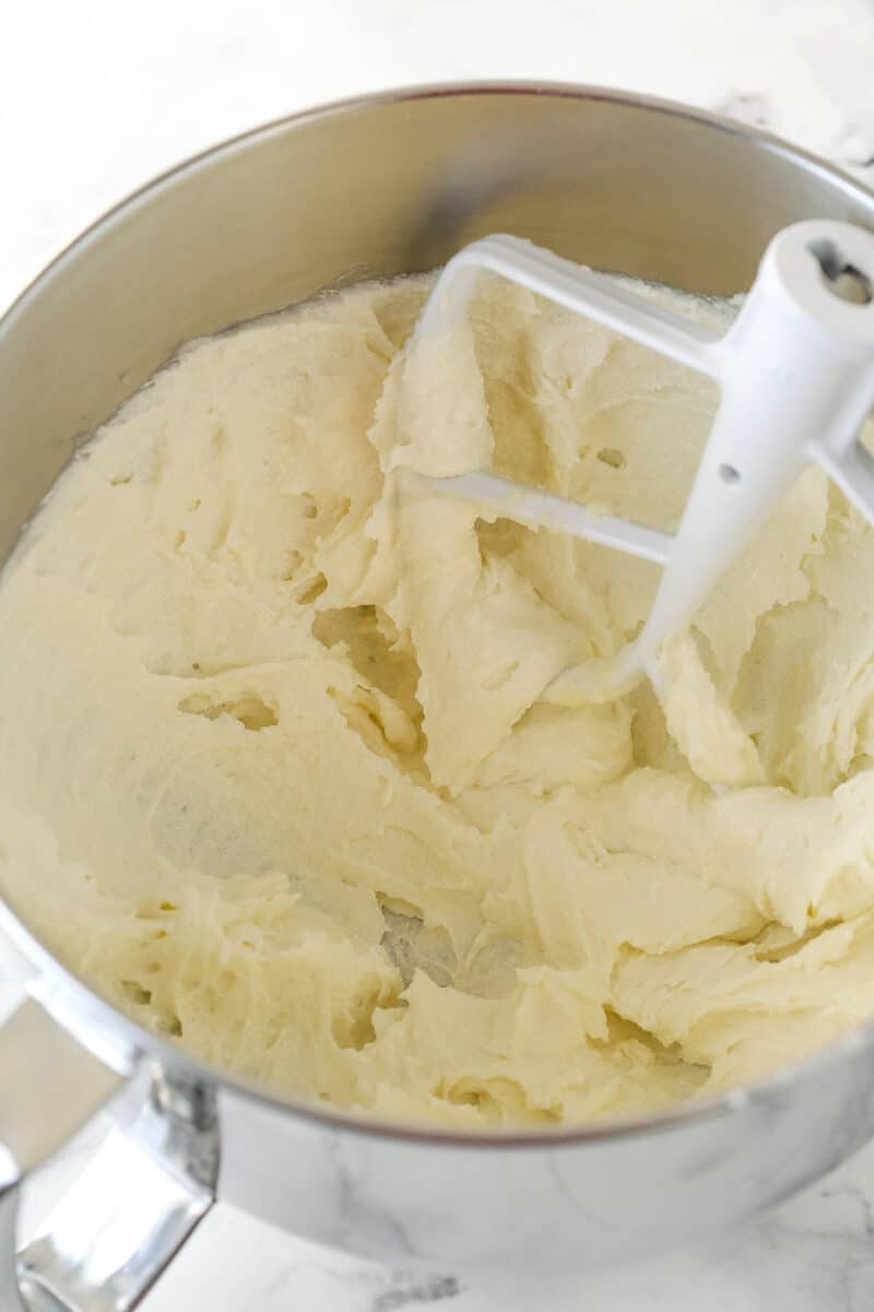 Creaming together butter, sugar, olive oil, and vanilla extract fro vanilla cake.