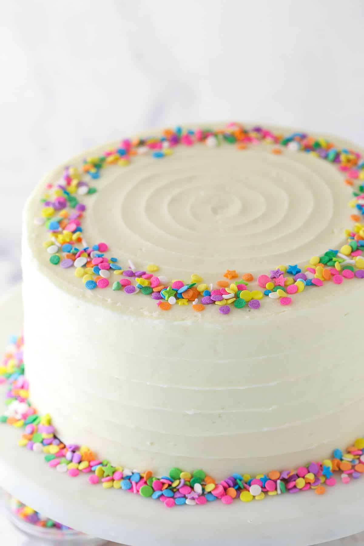 Overhead of moist vanilla layer cake.