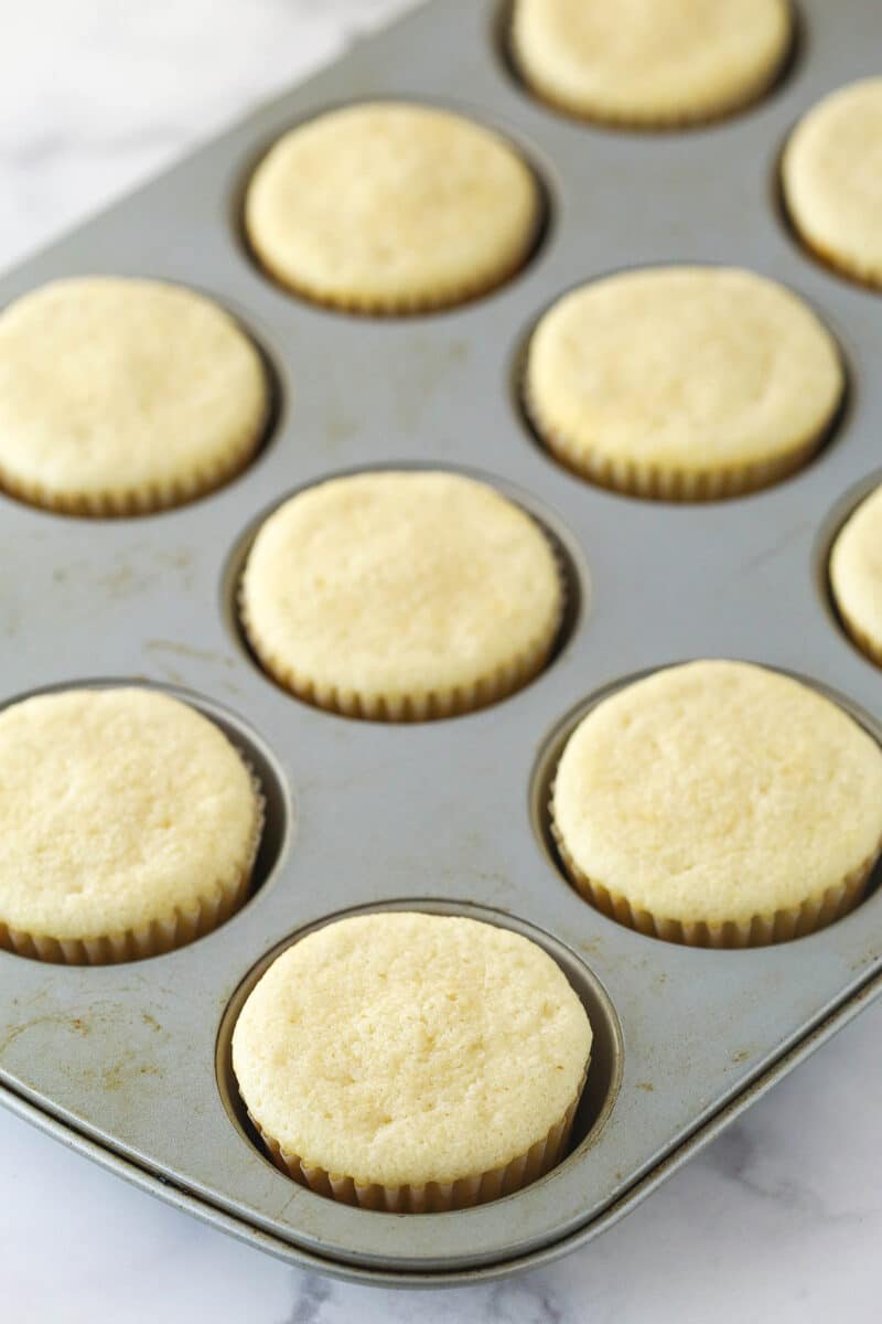 White cupcakes baked in a cupcake pan.