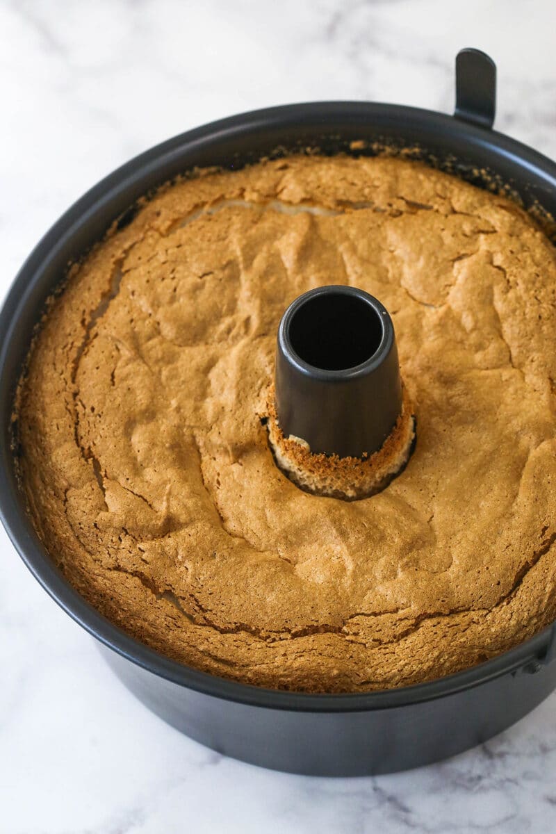 Angel food cake baked in a cake pan.