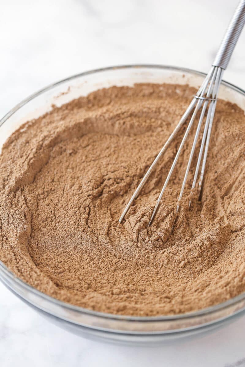 Whisking together dry ingredients for chocolate cake batter.