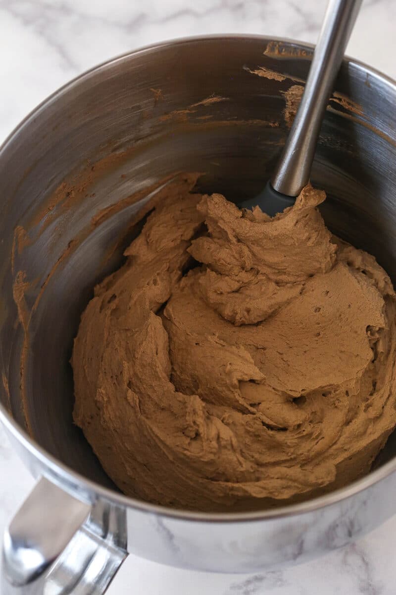 Chocolate whipped cream in a mixing bowl.