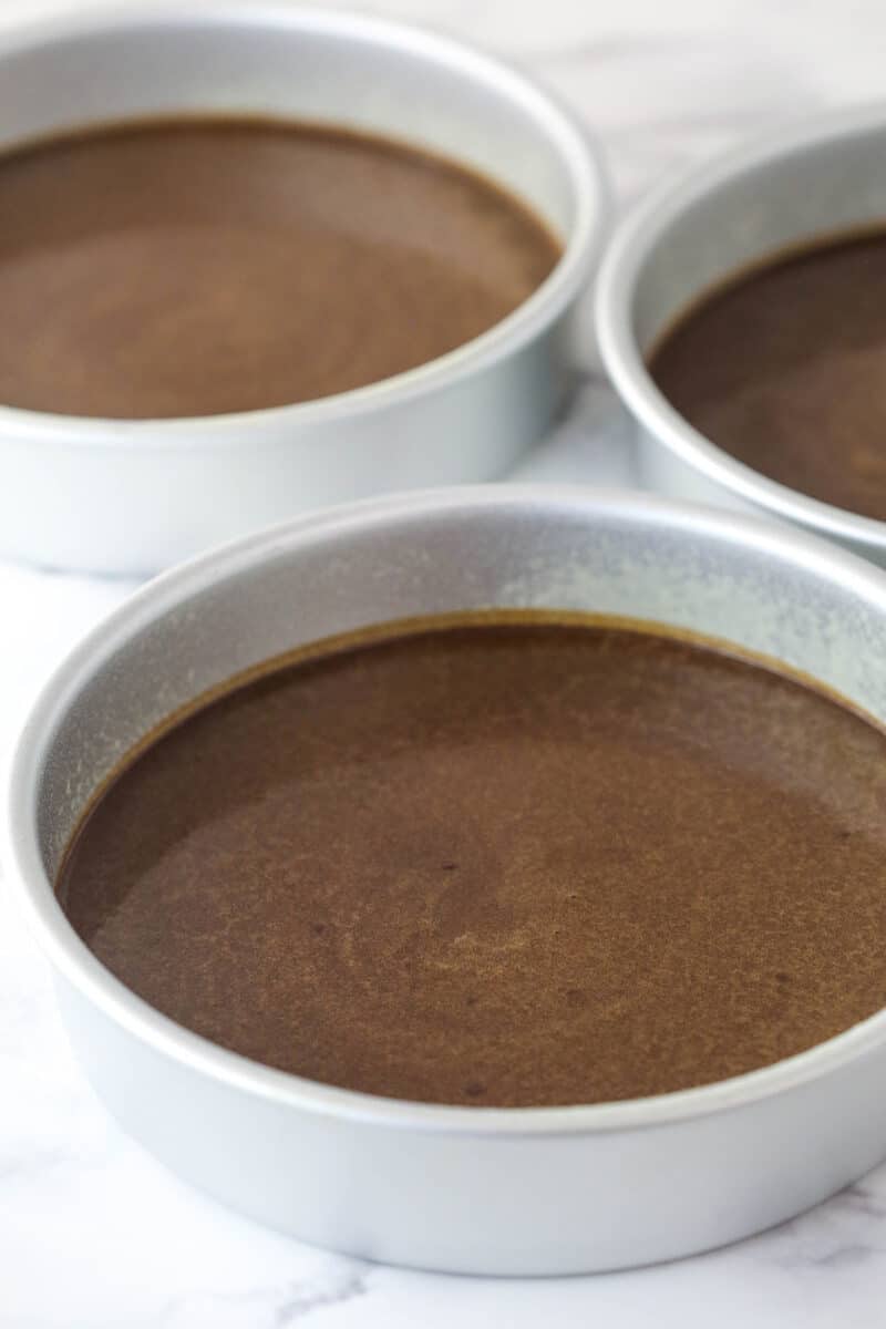 Chocolate cake batter in cake pans ready to be baked.