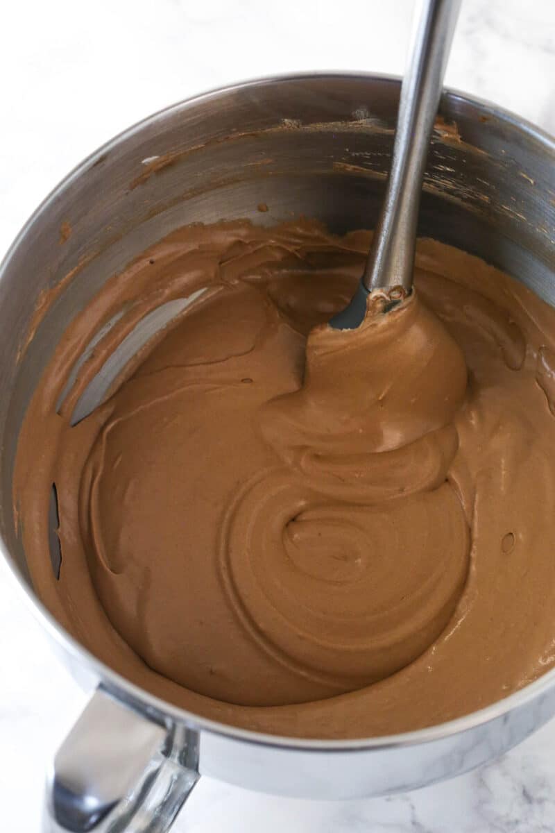 Chocolate mousse after folding in the whipped cream in a mixing bowl.