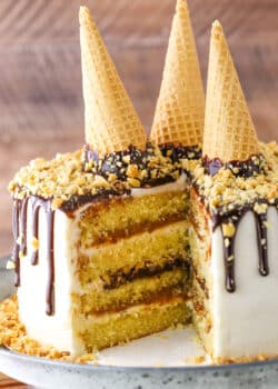 Drumstick Layer Cake with a large serving removed showing the internal layers