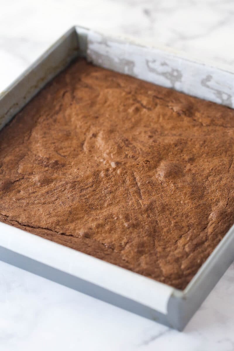 A baking pan full of perfectly baked brownies.