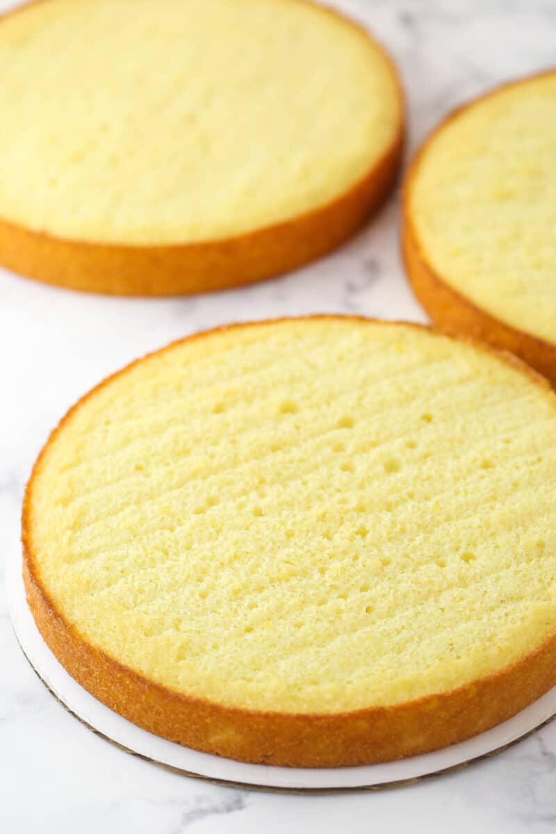 This lemon layer cake is made up of three layers of fluffy lemon cake that are filled and frosted with vibrant lemon cream cheese frosting. Three lemon cakes ready to be stacked, filled, and frosted.