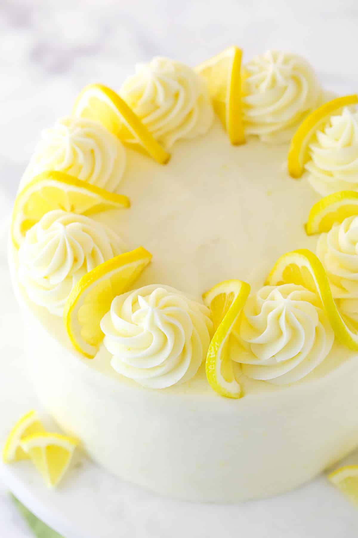 Overhead of lemon layer cake.