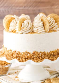 Side view of a full Snickerdoodle Layer Cake on a white cake stand