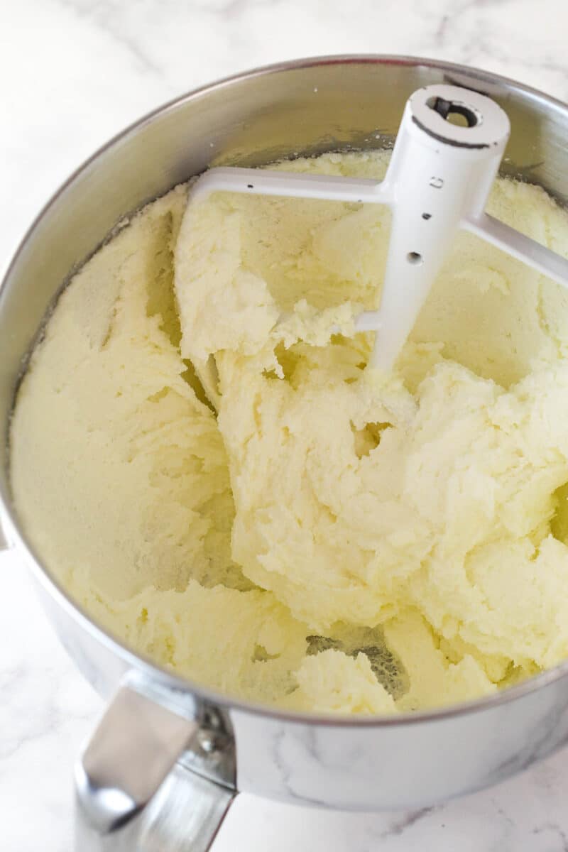 Creaming together butter and sugar for pound cake batter.