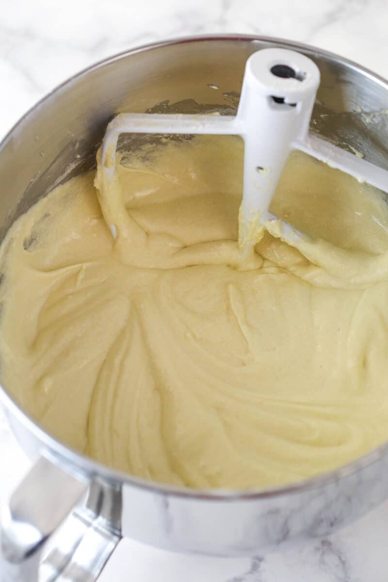 Vanilla cake batter in a mixing bowl.