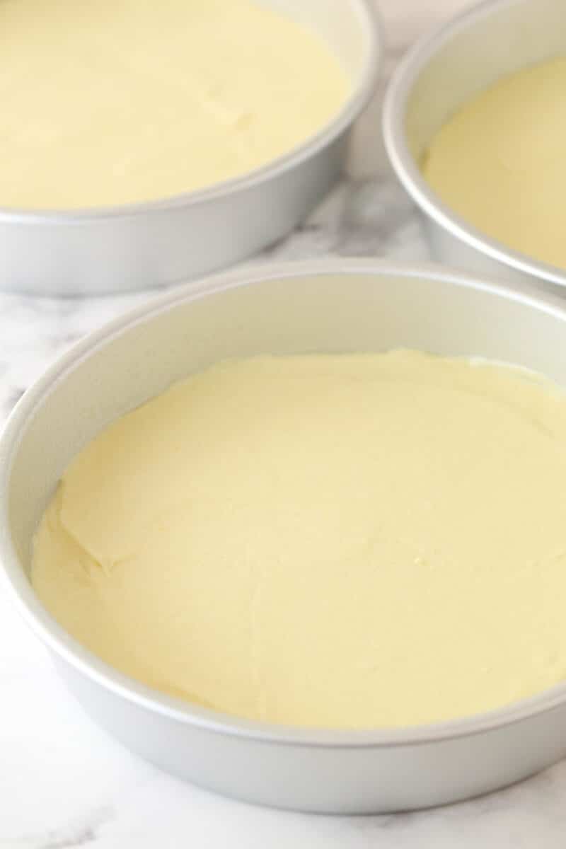 Vanilla cake batter in 3 cake pans ready to be baked.