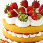 Strawberry shortcake cake on a serving platter.