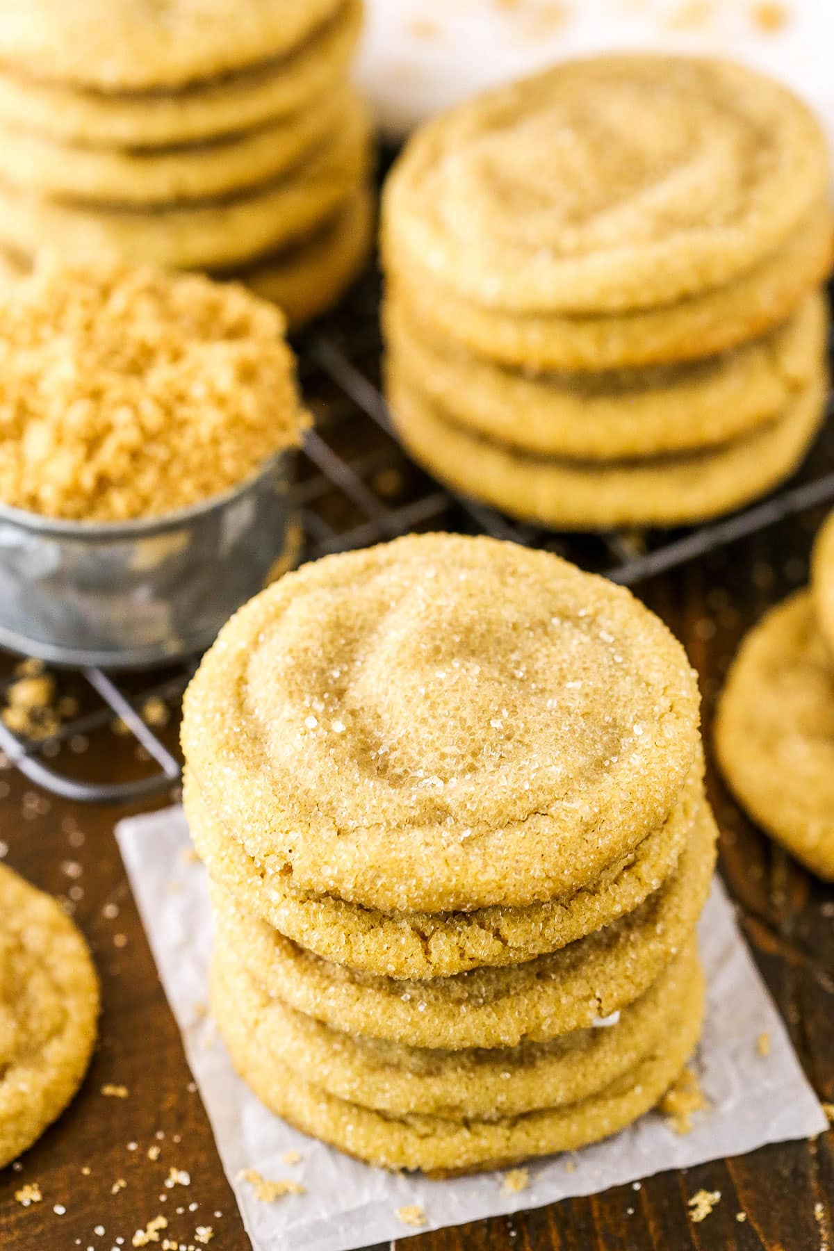 Five Easy Chewy Brown Sugar Cookies stacked on top of each other
