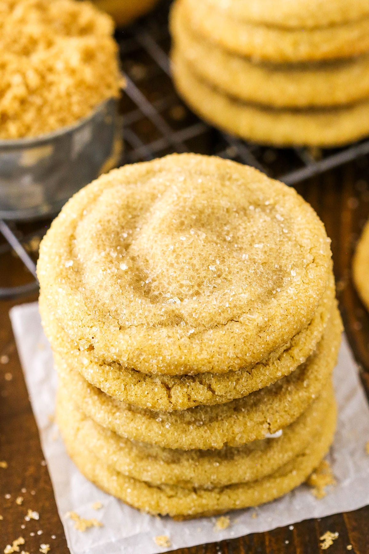 Five Easy Chewy Brown Sugar Cookies stacked on top of each other