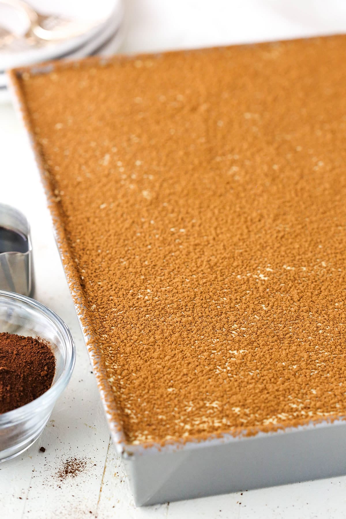 A full Easy Tiramisu in a rectangular gray baking pan on a white table top