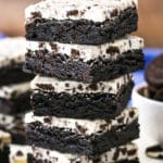 Five Fudgy Cookies and Cream Brownies stacked on top of each other