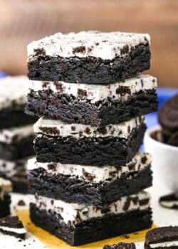 Five Fudgy Cookies and Cream Brownies stacked on top of each other