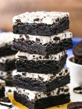 Five Fudgy Cookies and Cream Brownies stacked on top of each other