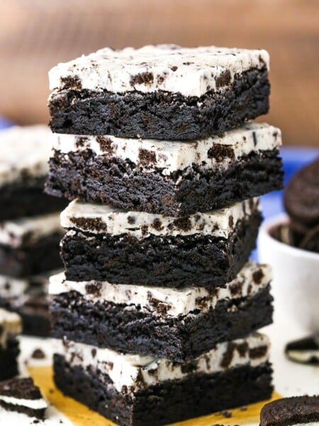 Five Fudgy Cookies and Cream Brownies stacked on top of each other