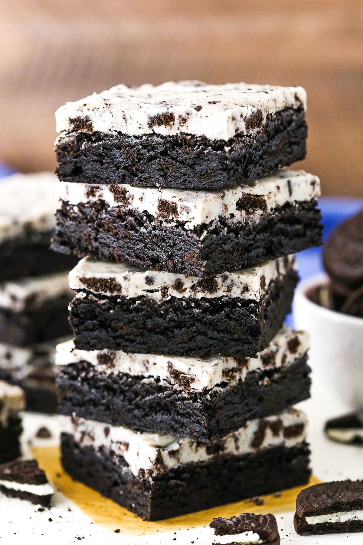 Five Fudgy Cookies and Cream Brownies stacked on top of each other