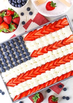 Overhead view of Angel Food Flag Cake in a gray cake pan