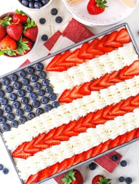 Overhead view of Angel Food Flag Cake in a gray cake pan