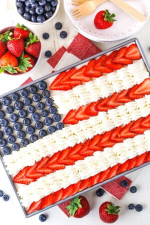 Overhead view of Angel Food Flag Cake in a gray cake pan