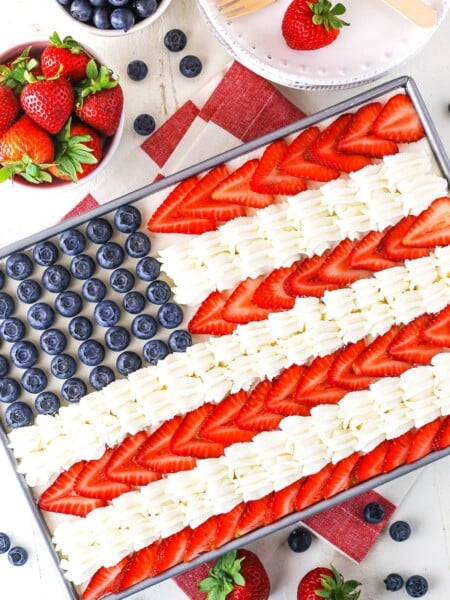Overhead view of Angel Food Flag Cake in a gray cake pan