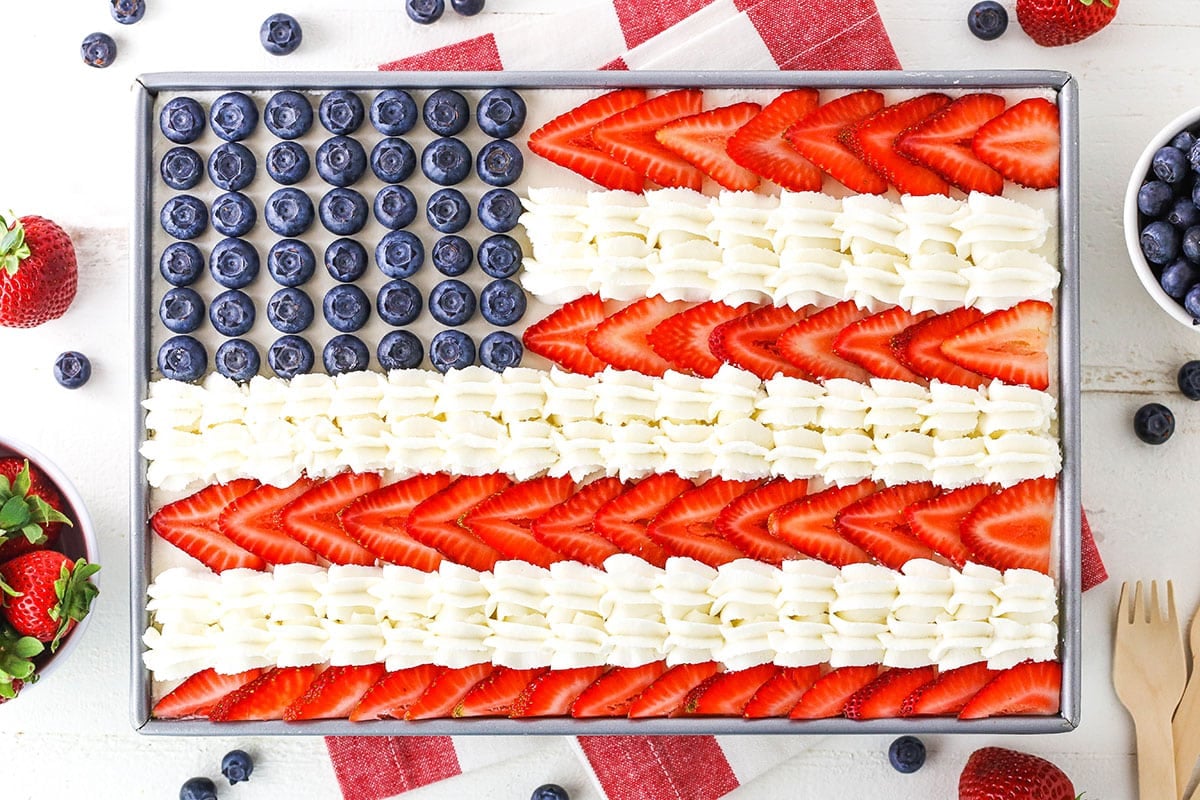 Overhead view of Angel Food Flag Cake in a gray cake pan