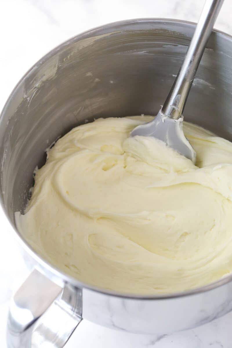 Cream cheese frosting in a mixing bowl.