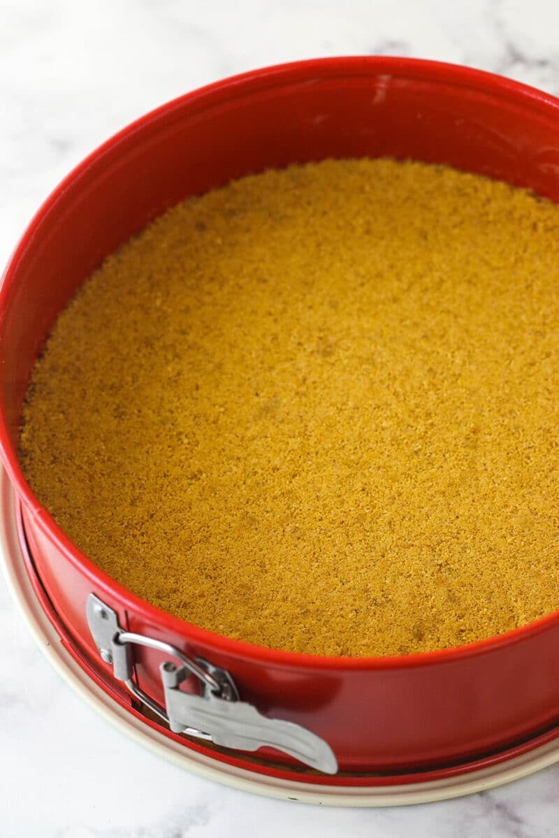 Graham cracker crust in a springform pan.