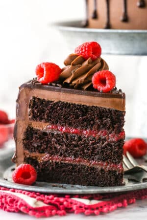 A slice of chocolate raspberry cake on a plate with a fork.