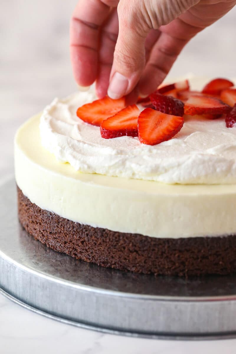 Putting strawberries on top of brownie bottom cheesecake.