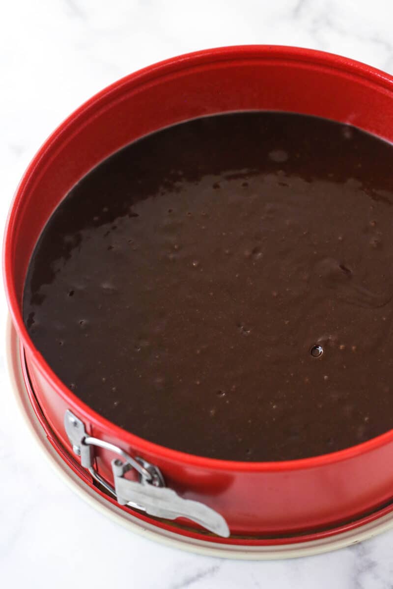 Brownie batter in a springform pan.