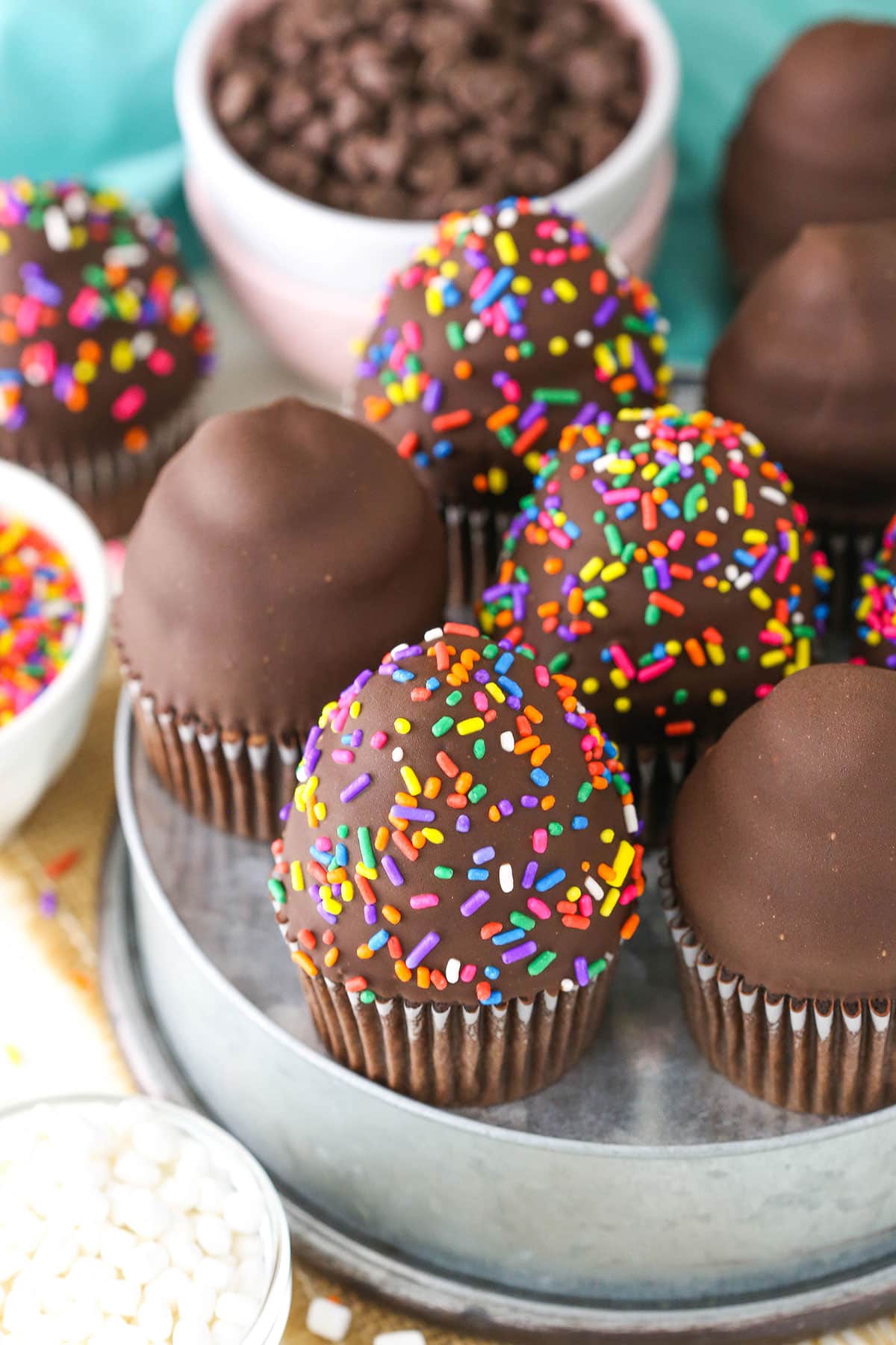 Ultimate Ice Cream Chocolate Cupcakes in a gray pan