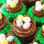 Easter Egg Chocolate Cupcakes on a gray wire cupcake stand