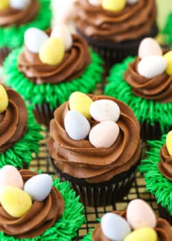 Easter Egg Chocolate Cupcakes on a gray wire cupcake stand