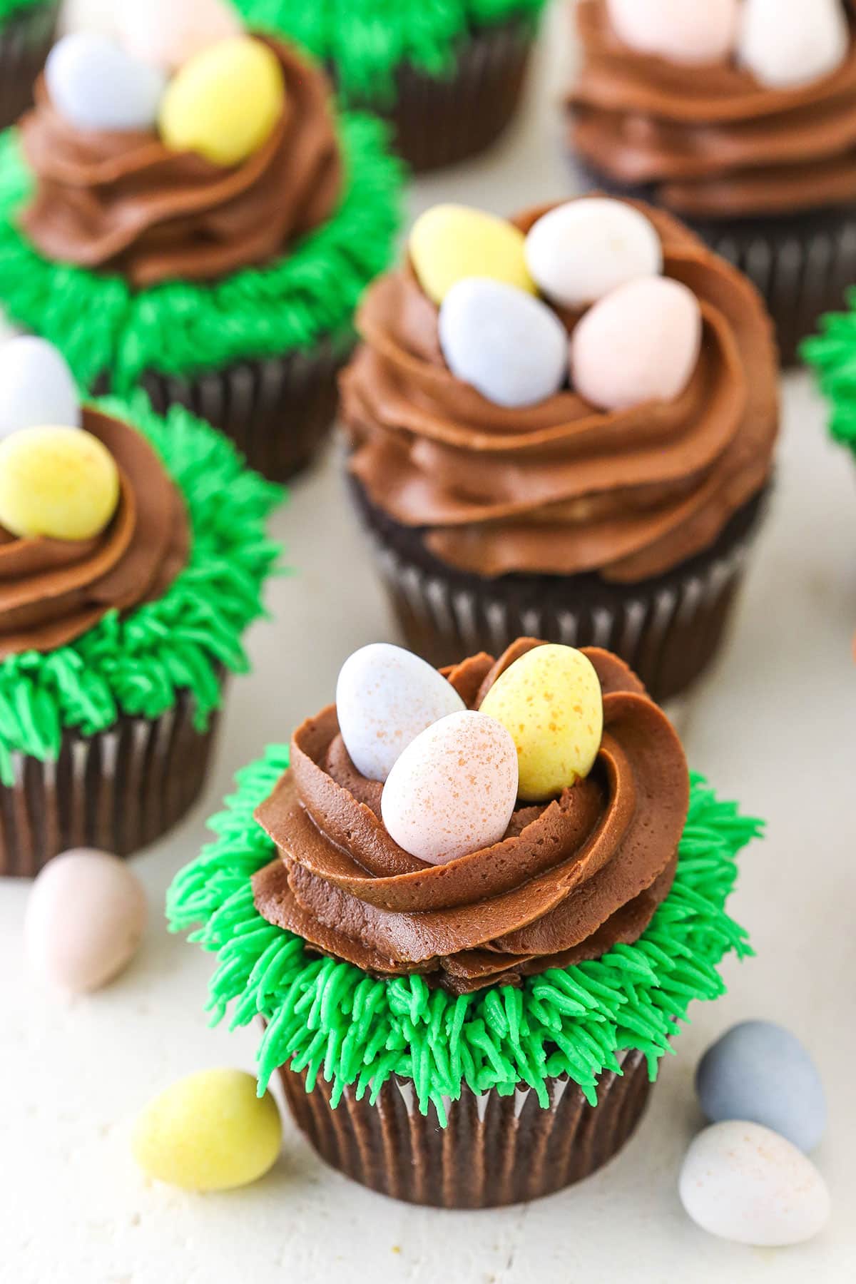 Easter Egg Chocolate Cupcakes on a white table top