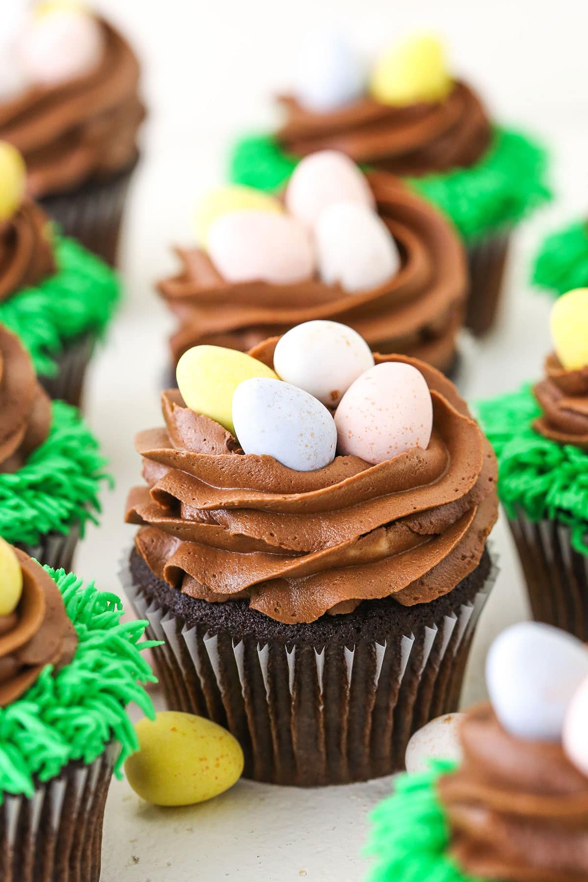 Easter Egg Chocolate Cupcakes on a white table top
