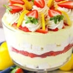 Lemon Strawberry Trifle in a clear glass trifle bowl