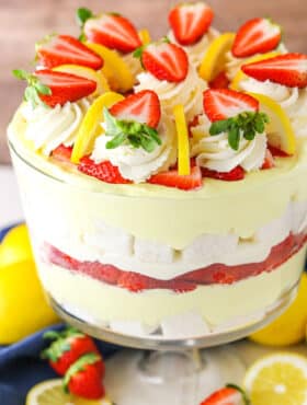 Lemon Strawberry Trifle in a clear glass trifle bowl